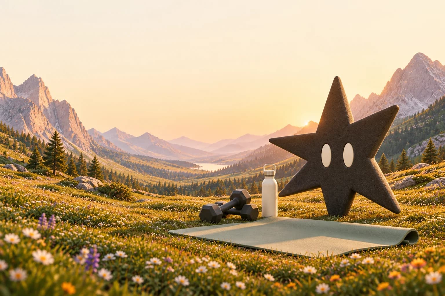 The Autumn star companion beside a workout mat and dumbbells in a sunlit alpine meadow